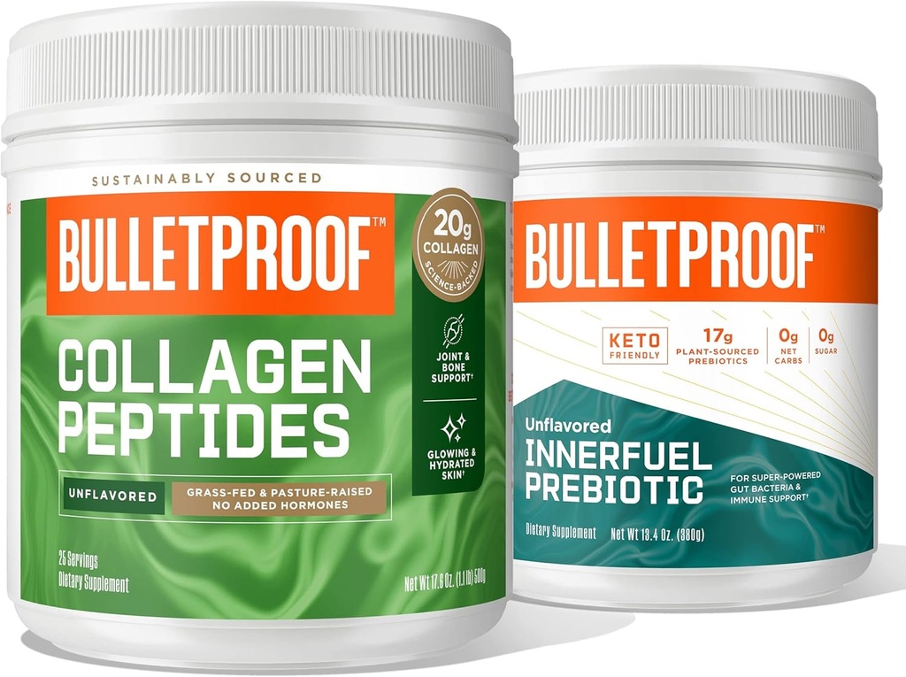 Bulletproof Duo Kit | Белковый порошок Collagen Peptides для кожи, костей и суставов — 18 г белка, 17,6 Oz & InnerFuel Пребиотический клетчатый порошок для кишечника, газовое облегчение, пищеварительное здоровье и иммунная поддержка