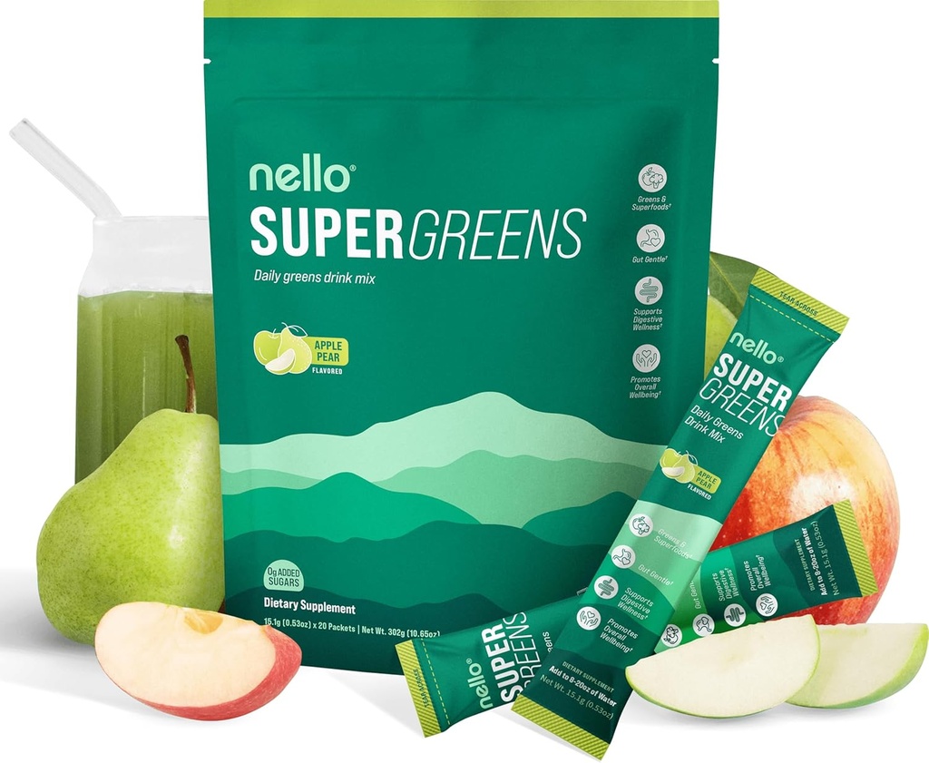 Nello Supergreens Superfood Пити Змішувати з Chlorella, Moringa, Spinach, Broccoli, Дайвінг Ензимес, Пробіотики - Apple Pear Flavor, 20 Сервінги, Туристичний пакет