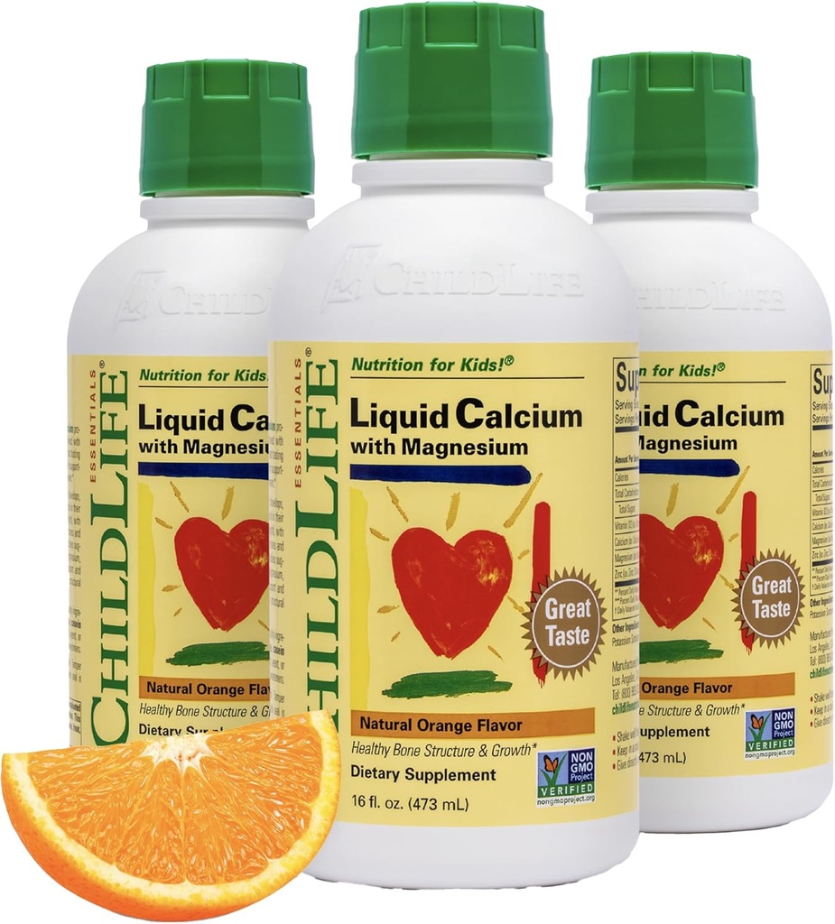 ChildLife Essentials Suplemento de calcio líquido para niños - Calcio bebé con magnesio, zinc y vitamina D3 - sabor a naranja, 16 fl oz (3 Pack)