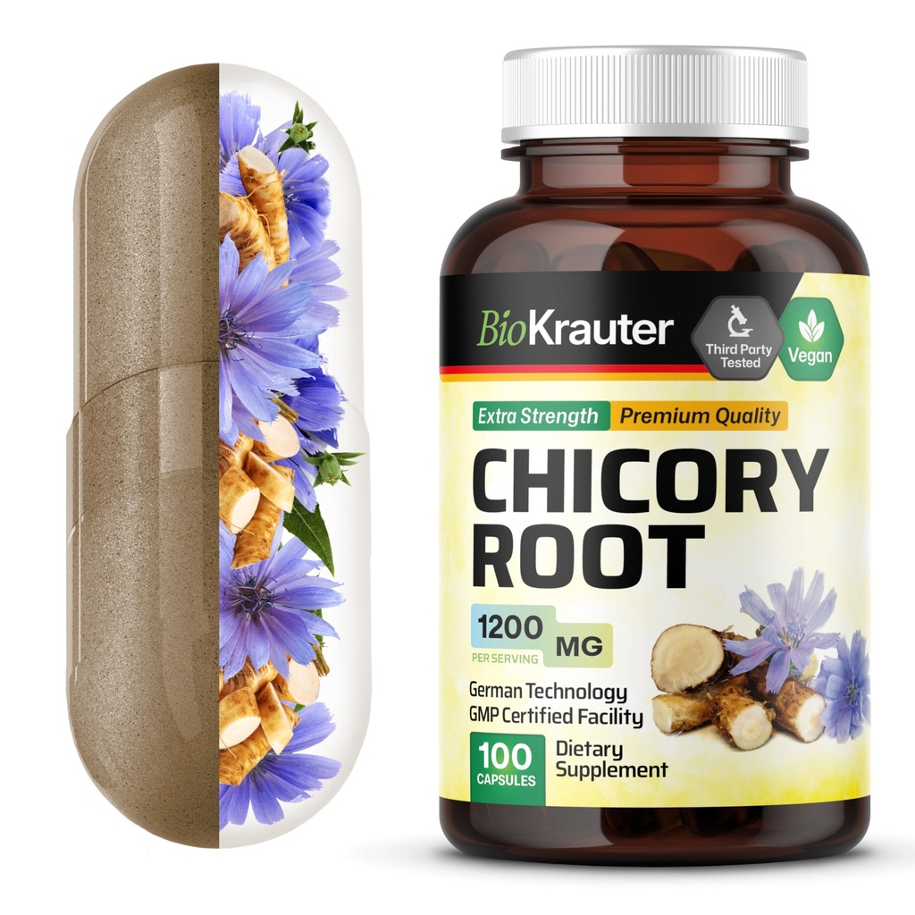 BIO KRAUTER® Chicory Root for Gut & Digestive Support - Pure Vegan Prebiotics & Fiber Supplement in Capsules 1200 mg per Serving 100 Count - No Fillers, Non-GMO - 25 Days of Supply