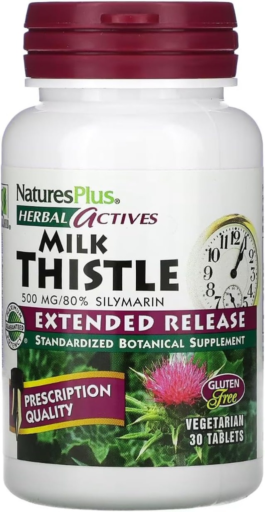Natures Plus Herbal Actives Milk Thistle, Extended Rilis - 500mg, 80% Silymarin, 30 tablet Vegetarian - Gluten- Bebas - 30 Servis