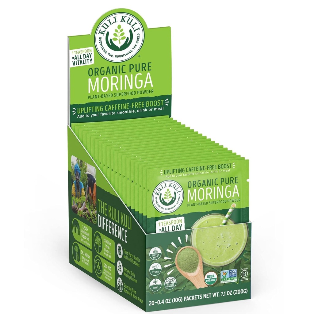 Kuli Kuli Moringa Oleifera Hosto-hauts organikoa eta Smoothie berdea, 100% USDA garbia Ziurtatua eta Ez-GMO Moringa Hautsa, Leuntasun, Tea eta Elikagaien Handia, 0.4 Ounce, 20ko paketea (K PM)