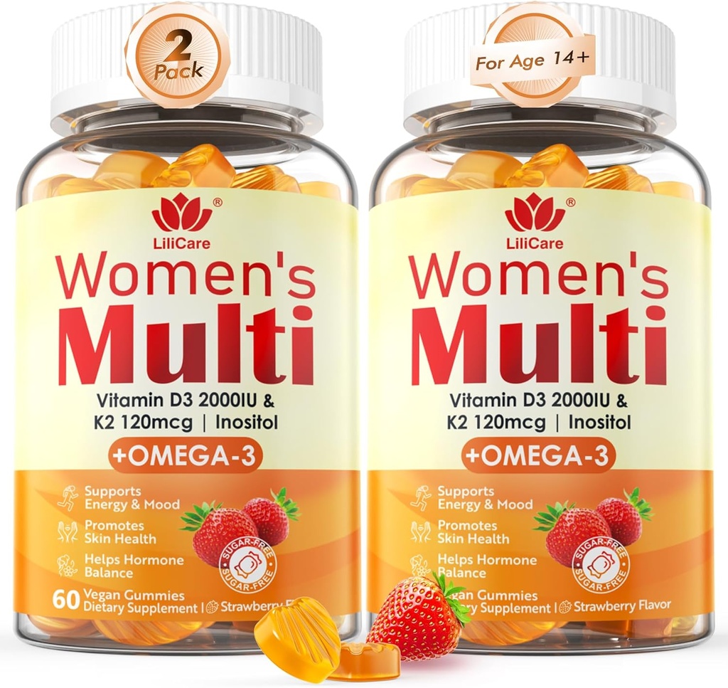 Gummy multivitamínico da mulher com Omega 3 (DHA/EPA), vitamina D3 K2, cálcio, inositol, complexo diário da mulher vitamina A C E B, L-MetilFolato, metil B12, açúcar livre multivitamínicos metilados, 120Cts