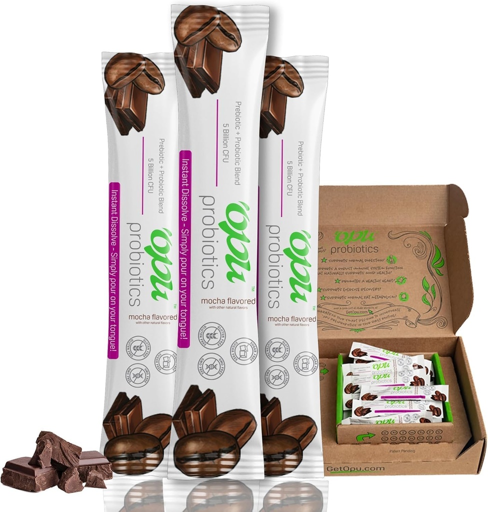 'Opu Probiotics Mocha Instant-Dissolve - One Month Supply - 5 Billion CFU's - Hombres, Mujeres &amp; Niños w / Prebióticos Sugar Gratis, Gluten Free, Non GMO