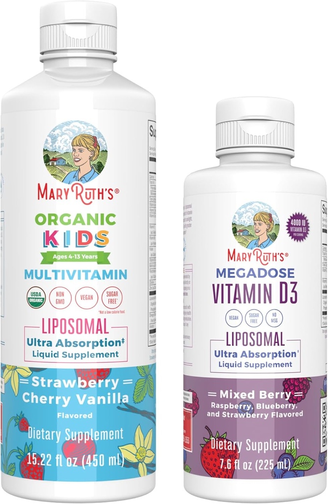 MaryRuth Organics Kids Multivitamin Liposomal (Strawberry Cherry & Vanilla) & Vitamin D3 Liposomal (Mixed Berry) Clean Label Project Verified® Vitamine per Immunità &amp; Benessere generale, Vegan, Non OGM
