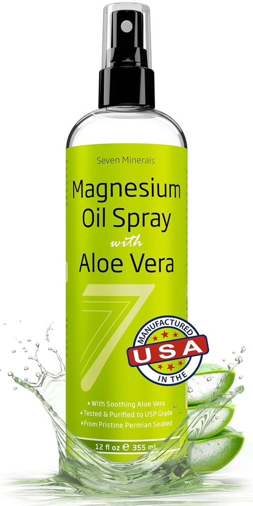 Sete Mineral Puro Óleo de Magnésio Spray com Aloe Vera 12oz - Farmacêutica (USP) grau, mais alta força com alívio instantâneo para pés, sono, dor muscular e cãibras - Minado nos EUA