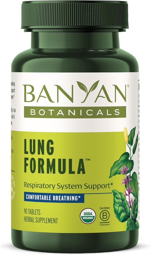 Banyan Botanicals Lung Formula – Orgaaniline hingamistoetus kopsutervisele – Taimepõhine segu lagritsa, Tulsi Leafi ja teiste kopsude tervisetaimedega – 90 tabletti – Non GMO Fair for Life Vegan