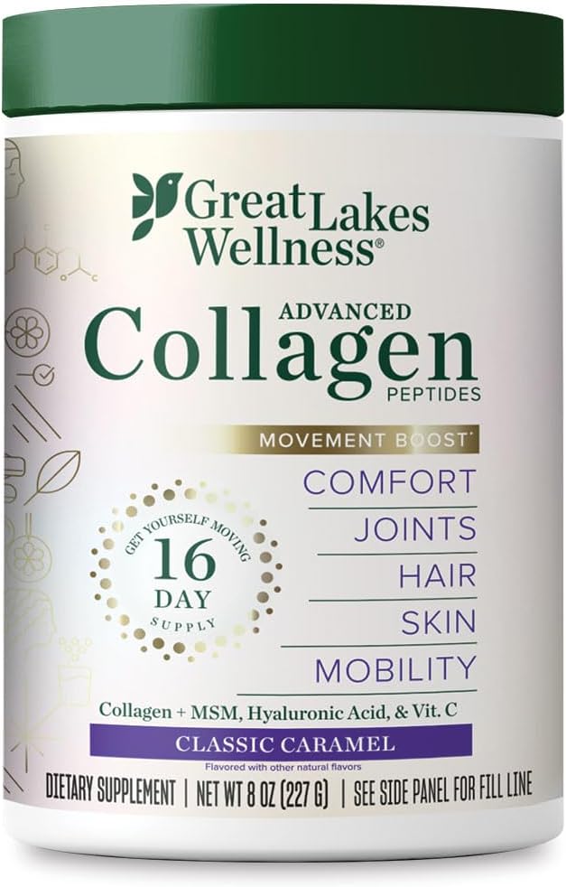 Great Lakes Wellness Movement Boost Advanced Colagen Peptides Powder with MSM, Hyaluronic Acid, Vitamina C - Joint Mobility & Comfort - Caramel Flavored - Non-GMO, Keto, Kosher - 8 oz