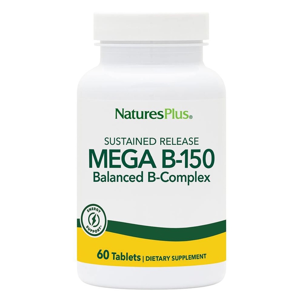 NaturesPlus Mega B-150 Complex - 60 Sustained Release Vegetarian Tablets - Maximum Potency B Complex Vitamin Supplement - Energy & Brain Booster - Gluten Free - 60 Servings