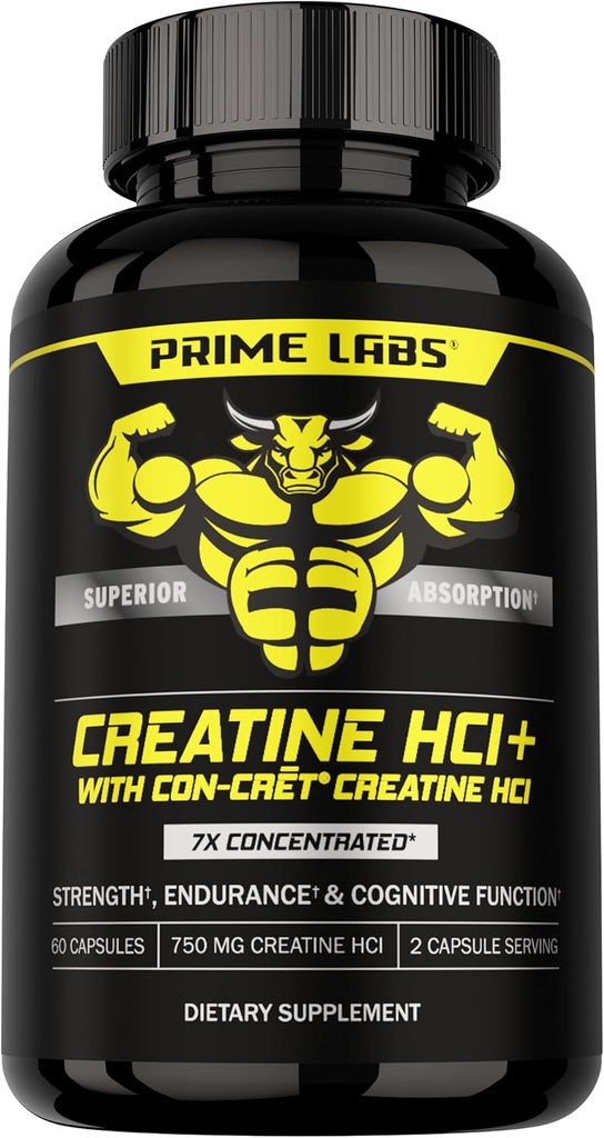 Prime Labs Creatine HCI Capsules - dengan CON-CRIFT, Ekstrak Root Rhodiola, & L-Theanine - Dukungan Otot, Endurance, Fungsi Kognitif - untuk Pria & Perempuan - 60 Pil