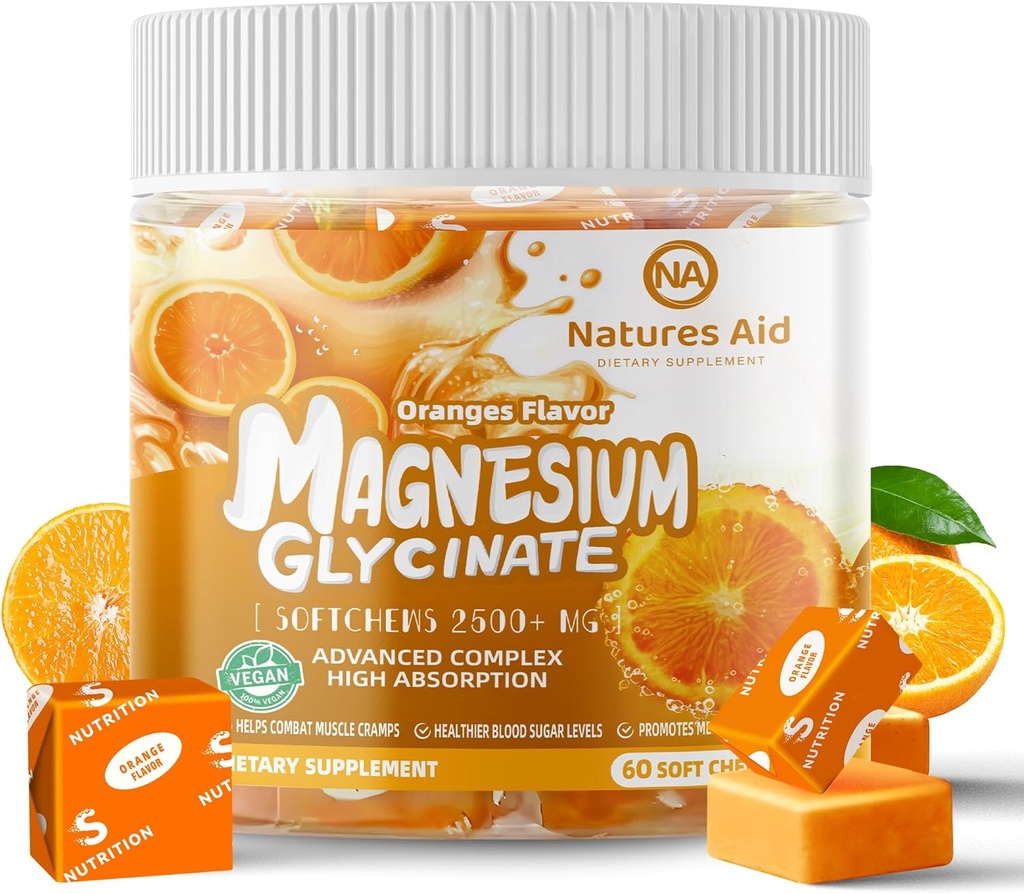 Magnesium Glycinate Soft Chews Supplement, Chewable Sukker Gratis Kalium Magnesium Chews med magnesium Glycinate, vitamin D, B6 og CoQ10 for rolig støtte og søvn for voksne,60 dager Supply-Orange