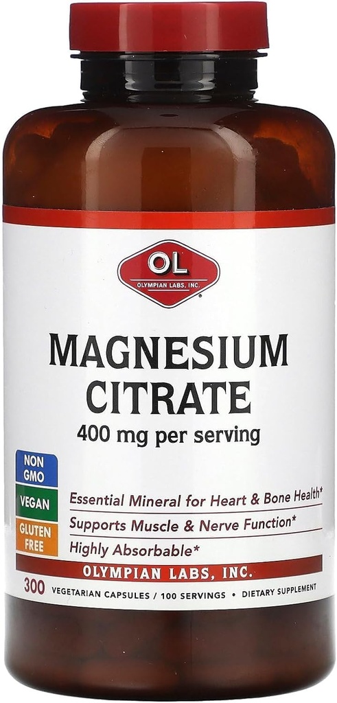 Olympian Labs Magnesium Citrate 400mg - 300 Capsules - Easy Absorbable, ondersteuning gezonde botten, gezond hart en Calcium Absorptie