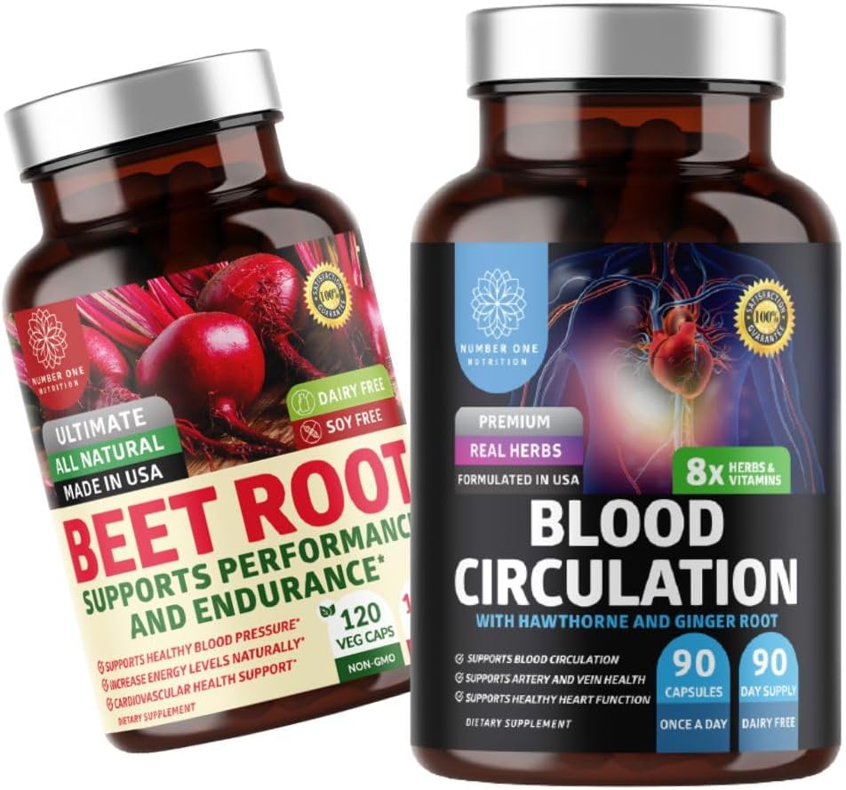 N1N Premium Blood Circulatie Supplement [8 Krachtige Kruiden & Vitaminen] en Biologische Beetwortel Capsules, 1300mg ter ondersteuning van de gezondheid van het hart, bloedcirculatie en bloeddruk, 2 Pack Bundle