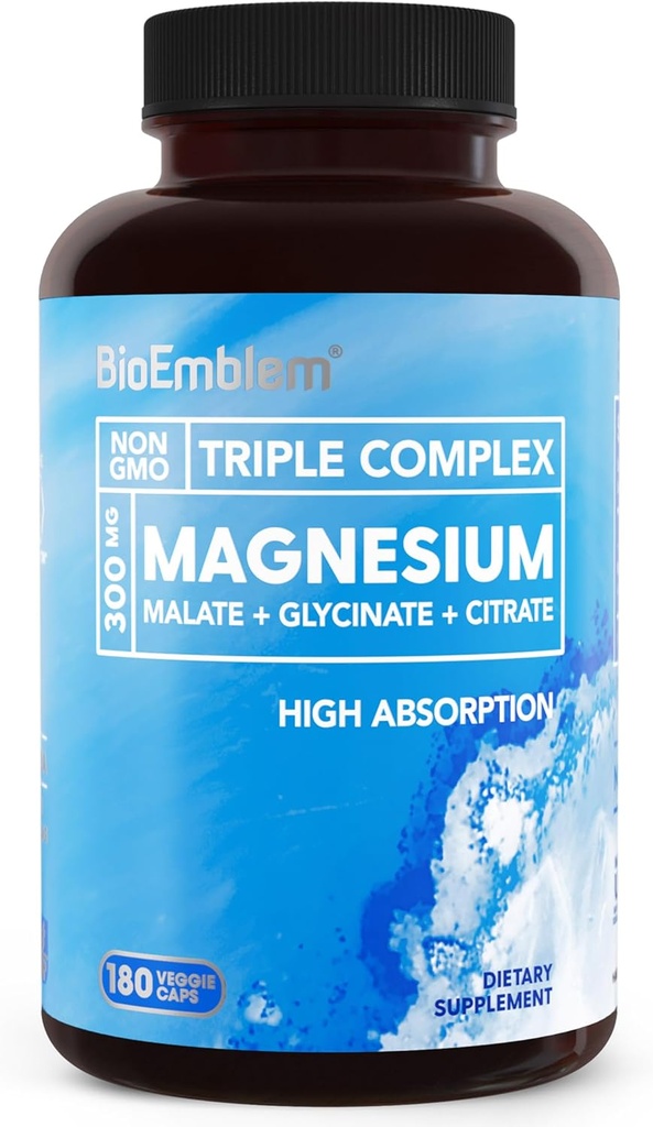 BioEmblem Triple Magnesium Complex | 300mg Magnesium Glycinate, Malate och Citrate för muskler, nerver och energi | Hög Absorption | Vegan, icke-GMO | 180 kapslar