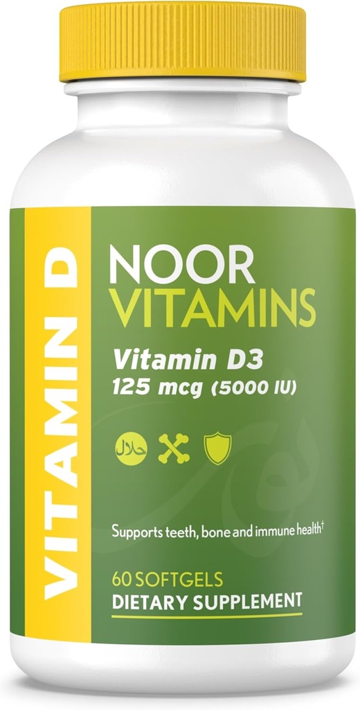 Noor vitaminer Halal Vitamin D, Halal Vitamin D3, 5000 IU Softgels, Støtter Bein, Immune og hjerte helse, fra Saflower Olje til å maksimere absorpsjon, Ikke-GMO, Glutenfri & Halal (60...