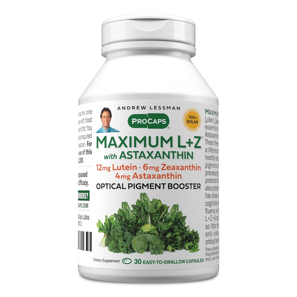 ANDREW LESSMAN Maximum L+Z with Astaxanthin 30 Softgels - 12mg Lutein, 6mg Zeaxanthin, 4mg Astaxanthin. Key Nutrients to Support Eye and Brain Health, and Promote Healthy Vision.