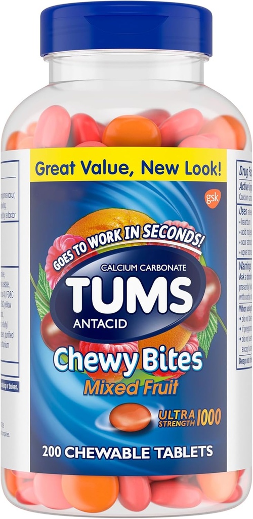 TUMS Chewy Bites Chewable Antacid tabletter för Ultra Strength Heartburn Relief, bra för en sommar BBQ-blandad frukt - 200 greve