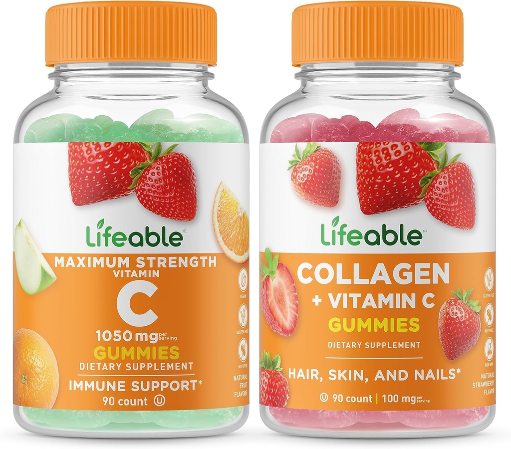 Vitamina C 1050mg + Collagen & Vitamina C, Gummies Bundle - gran sabor, suplementos de vitamina, Gluten gratis, GMO libre, Gummy Chewable