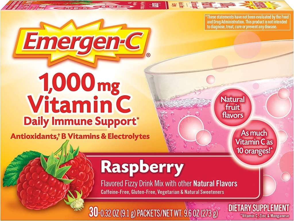 Alacer Emergen-C Vitamin C Fizzy Drink Mix Raspberry - 1000 Mg - 30 Packets