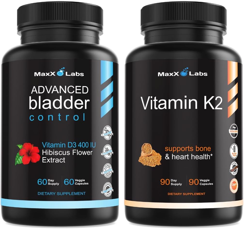 Advanced Bladder Control Supplement for kvinner og menn 60 Caps + vitamin K2 Supplement - Full Spectrum vitamin K2 MK7, MK4 & Kalsium - 90 Kapsler