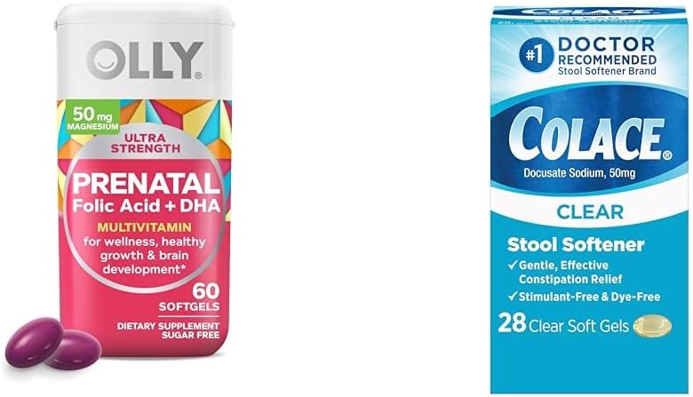 OLLY Ultra Strength Prenatal multivitamínico Softgels with Brain Development Support + Colace Clear Stool Softener Capsules, 28 Conde