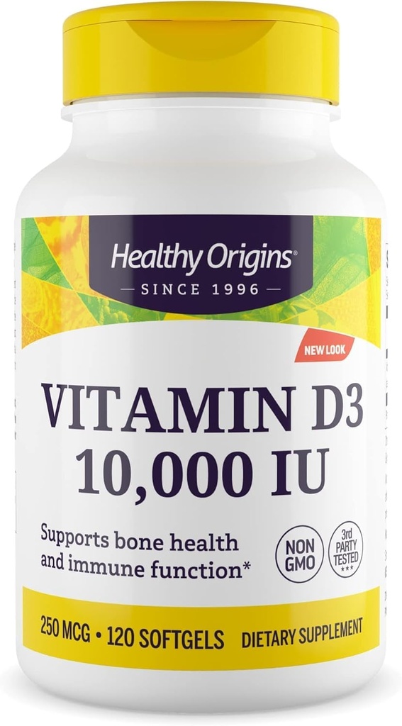 Orixes saudables Vitamina D3 10,000 IU (Non-GMO, alta potencia, soporte óseo, soporte inmune, Gluten Free), 120 Softgels
