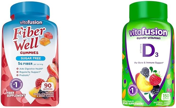 Vitafusion fiber dobro sladkor brez vlaknin dodatek & vitamin D3 Gummy vitamini za podporo kostnega in imunskega sistema, Breskve, borovnice in jagode aromatizirana, 50 mcg Vitamin D, 75 dan dobava, 150 Število