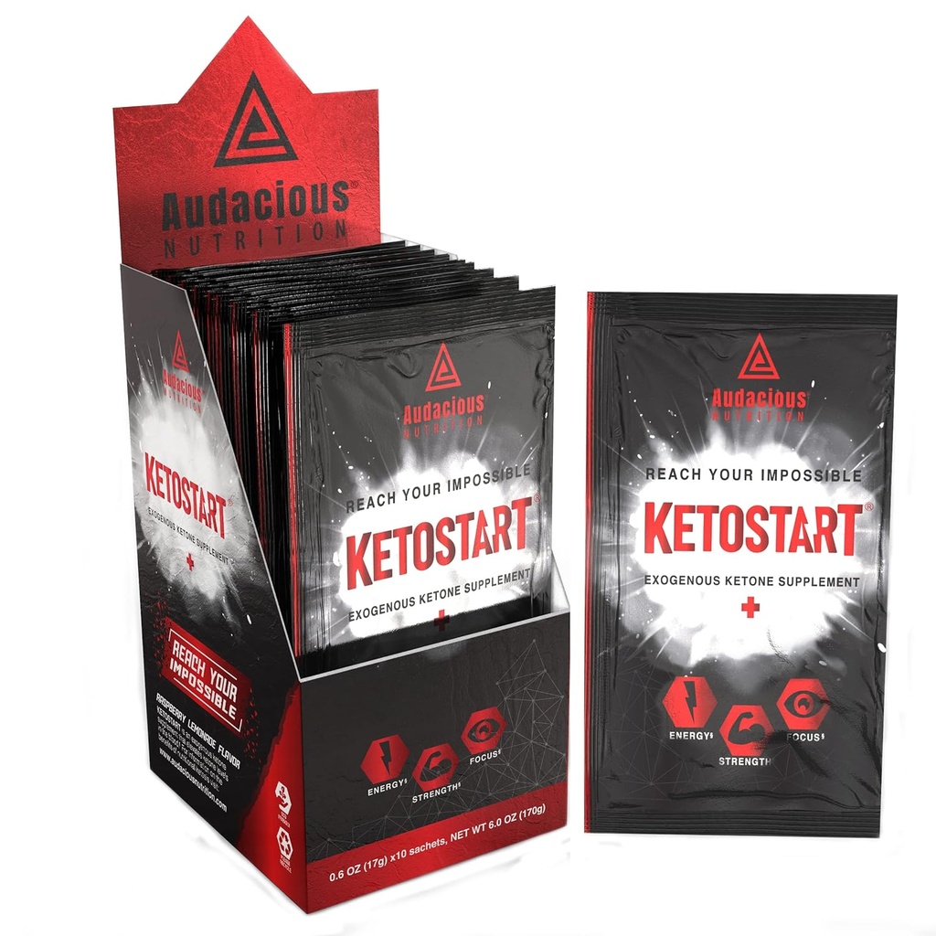 KetoStart+ ) Exogenous Ketones Powder with Electrolytes for Energy, Strength & Focus | with Caffeine ) Raspberry Lemonade Flavor Electrolyte Powder (10x Ketones Drink Mix Packets)