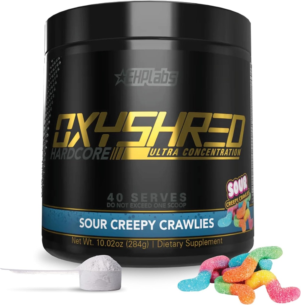 EHP Labs OxyShred Hardcore Super dozė prieš treniruotę milteliai - Iš anksto treniruotės milteliai su L glutaminas & Acetil L Carnitine, energijos Boost Drink - 275mg Kofeino - Sour Crawlies, 40 Servings