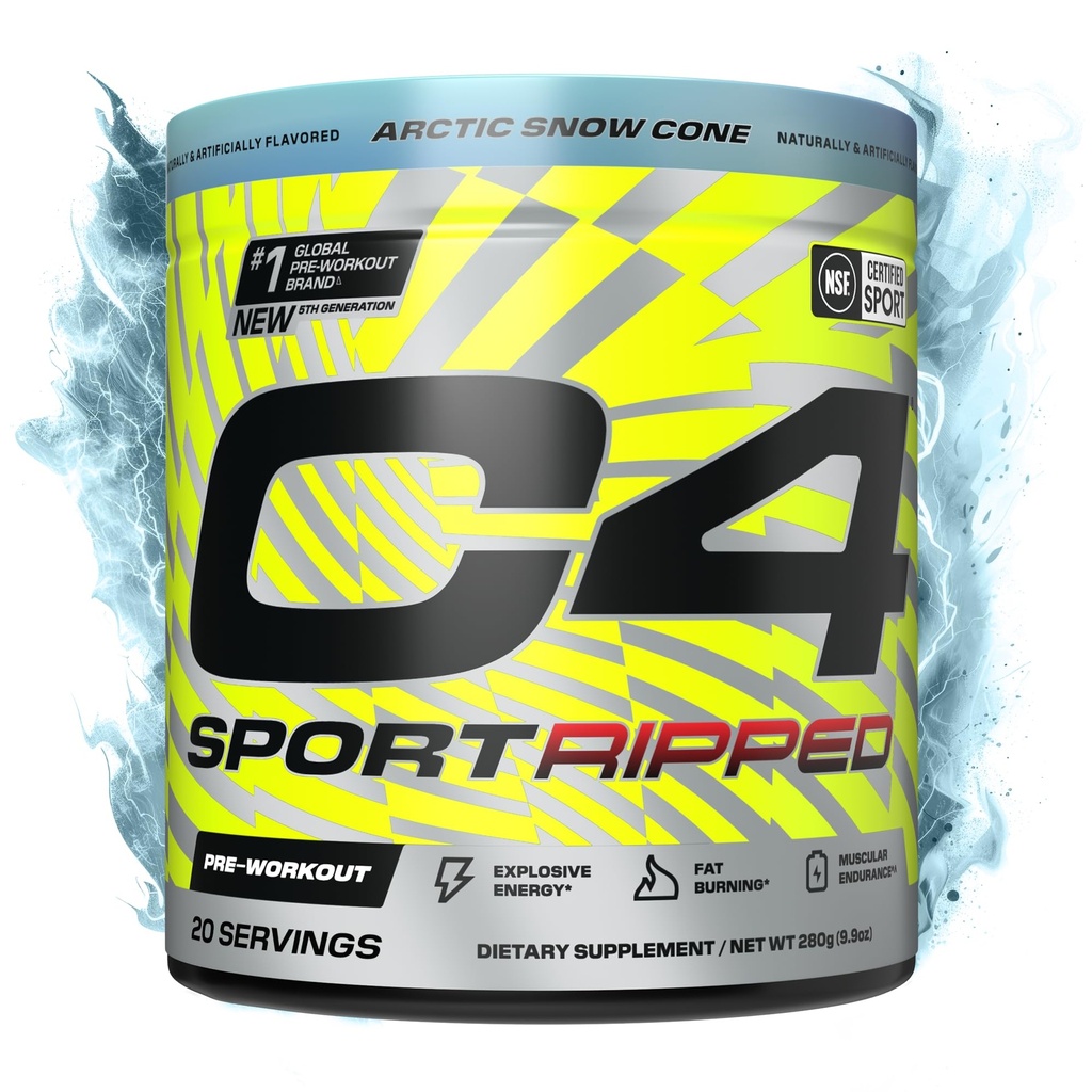 C4 Ripped Sport Pre Workout Powder - NSF Certified for Sport - 200mg Caffeine + Cayenne Extract + Carnitine Tartrate + Beta-Alanine - Artic Snow Cone, 20 Servings