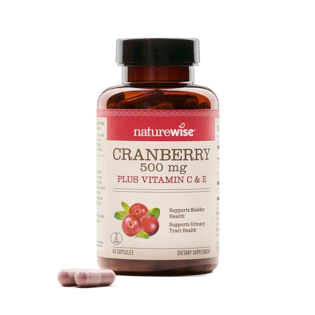 NatureWise Cranberry Pills for Women - 500mg Cranberry Extract (25:1) + Vitamin C & E - Cleansing Urinary Tract & Bladder - Vegan, Non-GMO, Sugar-Free - 60 Capsules[1-Month Supply]