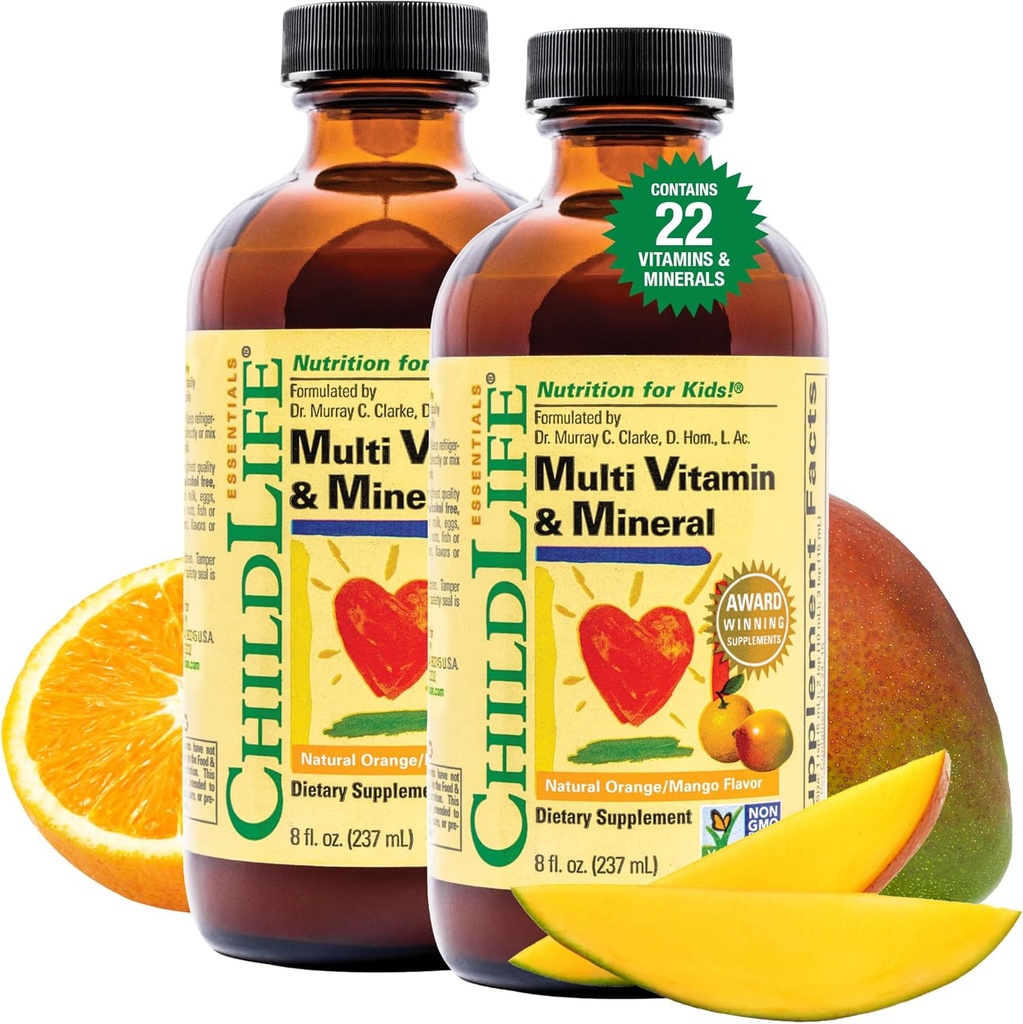 CHILDLIFE Essentials Kids Multivitamin & Mineral - Vitamins for Kids, Liquid Multivitamin for Toddler " Baby - Natural Orange " Mango, 8 Fl Oz (Pack of 2)