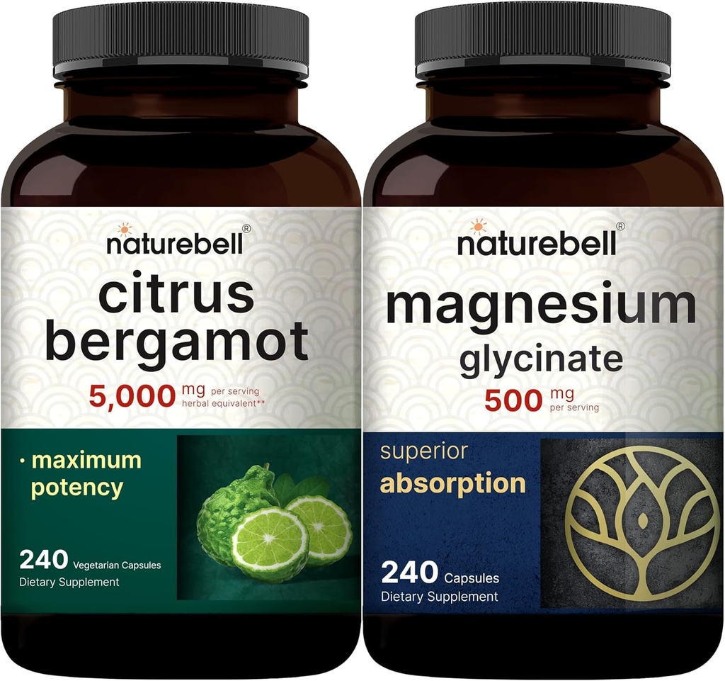 NatureBell Magnesium Glycinate Kapselit 500 mg & Citrus Bergamot Kasviskapselit 5 000 mg Ekvivalentti Bundle Pack ...