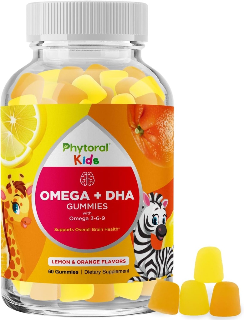 Copii Omega DHA Gummies - Grăsani Acidi Omega 3 6 9 cu vitamina C pentru creier, Imunitate și viziune - DHA nutritional pentru copii pentru sistem nervos sănătos și de sprijin focal - Fish Free & Vegan - 60 Chews