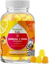 Kids Omega DHA gumik - Zsíros acidek Omega 3 6 9 C-vitamin az agy, immunitás és látás - Táplálkozási DHA gyerekeknek egészséges idegrendszer és fókusz támogatás - Hal mentes & Vegan - 60 sajt