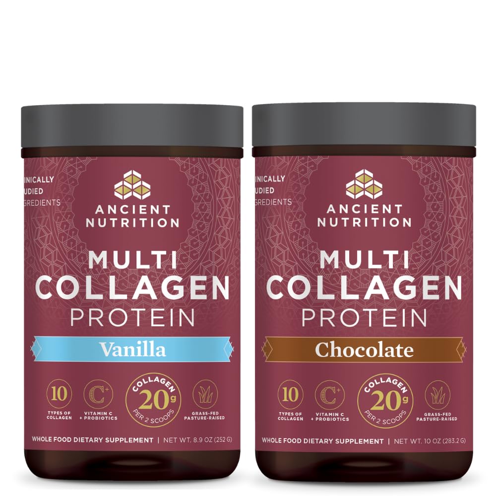 Ancient Nutrition Multi Collagen Protein Powder, Vanilla, 24 Servings + Multi Collagen Protein Powder, Chocolate, 24 Servings