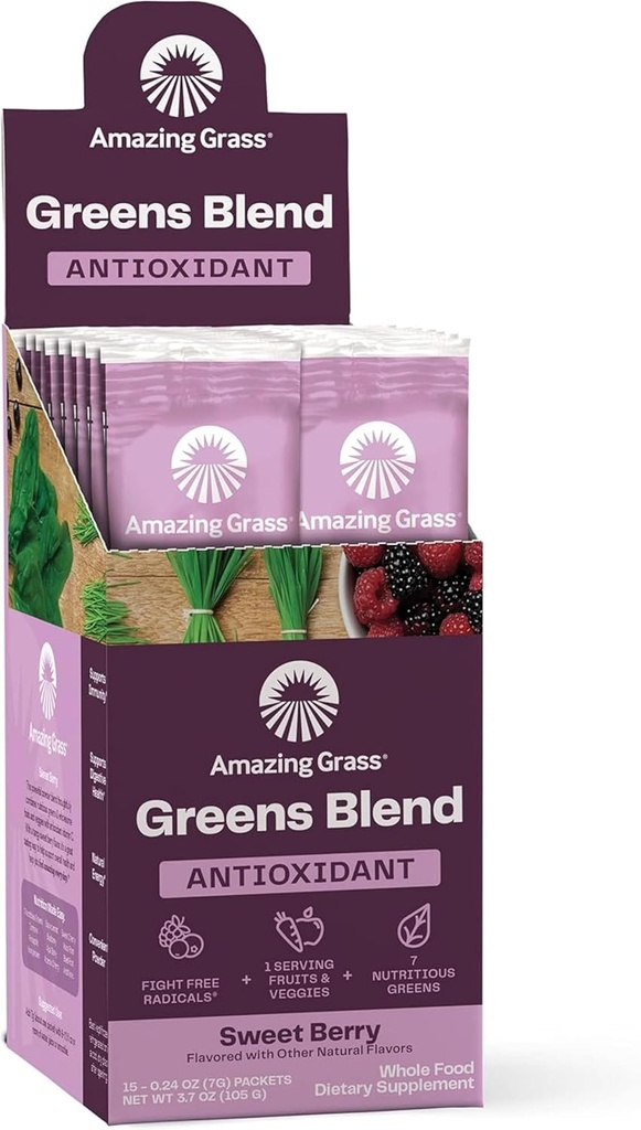 Belar berdeak nahastu Antioxidatzailea: Super Greens Powder Spirulina, Beet Root Powder, Elderberry, Prebiotikoak eta Probiotikoak, Sweet Berry, 15 Zerbitzu (Packaging May Vary)