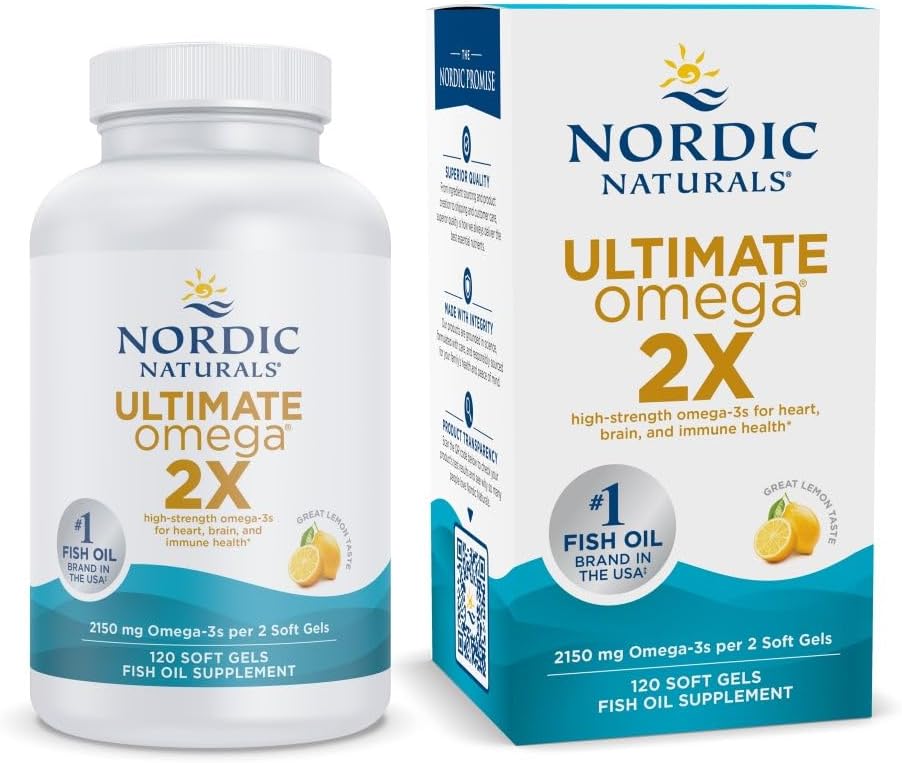 Nordic Naturals Ultimate Omega 2X, Lemon Flavor - 120 Minkšti geliai - 2150 mg Omega-3 - High- Pocency Fish Oil with EPA & DHA - Promotes Brain & Heart Health - Non-GMO - 60 Servings