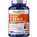 NusaPure 250 mg Vitamin D3 & 200 mcg K-2 Capsules, 180 Veg Capsules (Non-GMO, Vegan)
