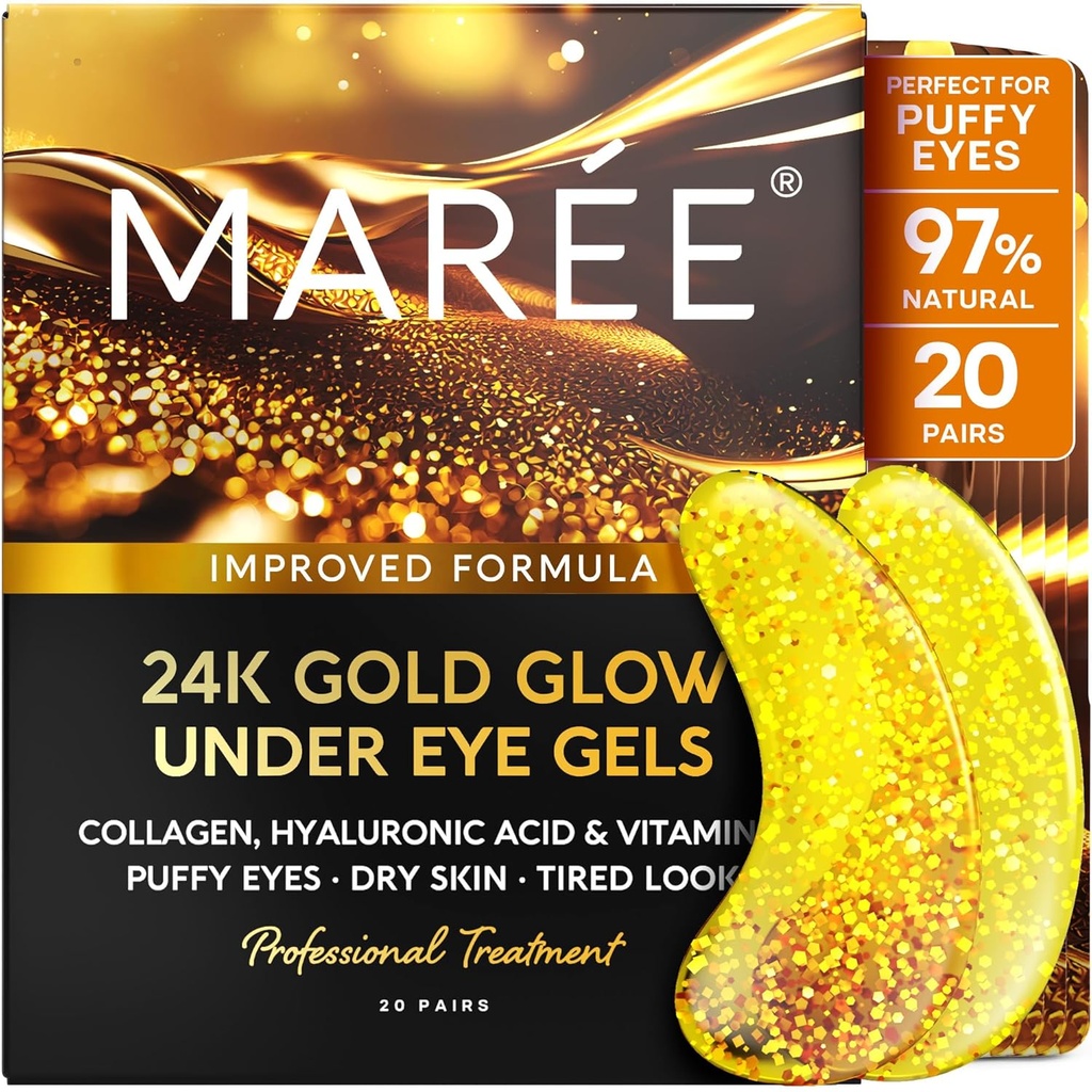 MAREE 24k Gold Under Eye Gels for Dark Circles and Puffiniss - Collagen & Hyaluronic Acid Skincare Gel Pads - Gold Eye Patches for Puffy Eyes and Dark Circles - Under Eye Masks - Travel Essentials