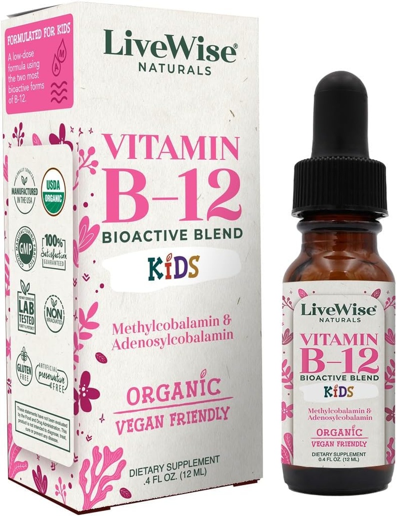 LiveWise Naturals Vitamin B12 Liquid Drops for Kids | 유아 및 어린이 I Methylcobalamin 및 Adenosylcobalamin | USDA Organic I Vegan | Non-GMO | 글루텐 무료 | 낮은 복용량