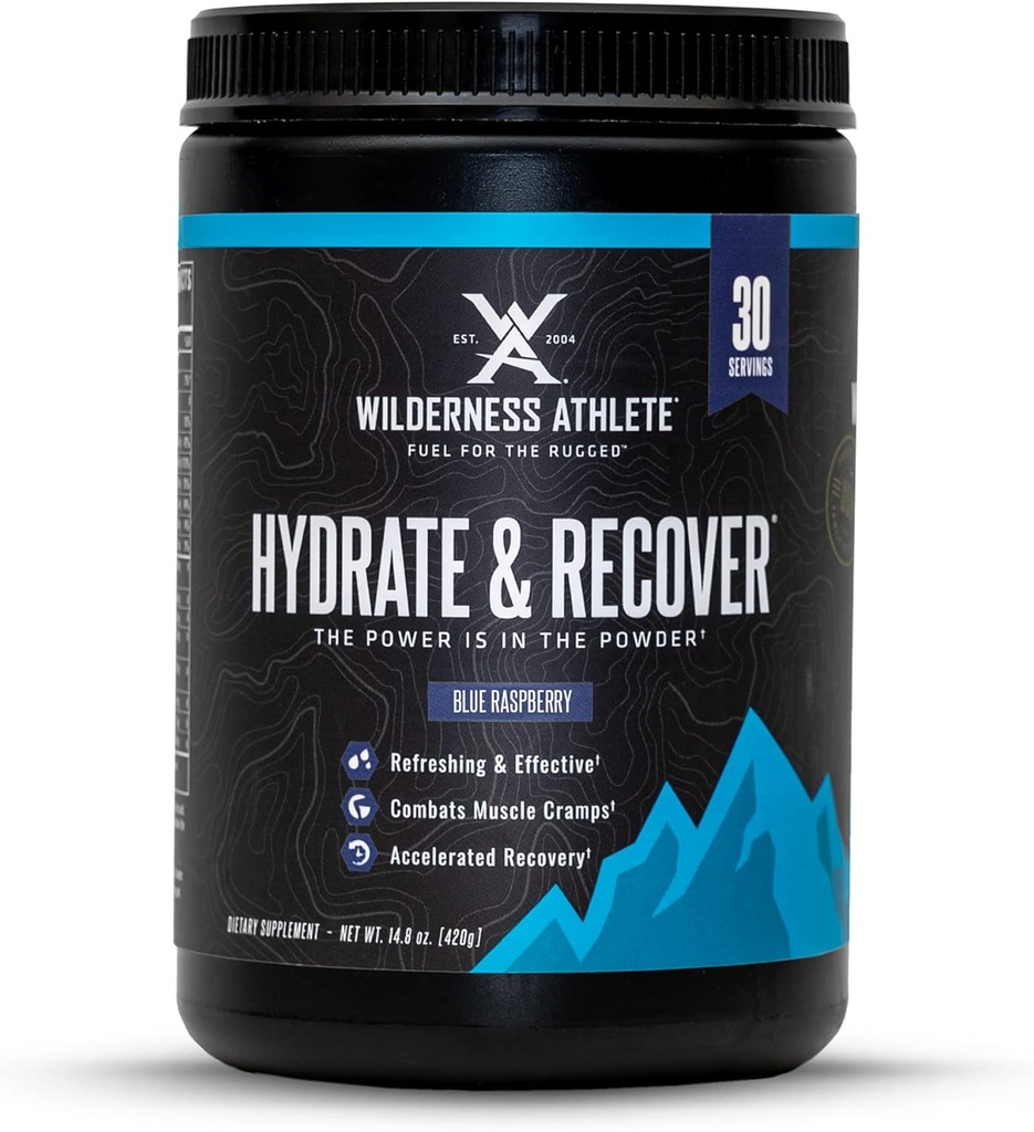 Wilderness Athlete - Hydrate & Recover | Liquid Hydration Powder Electrolyte Drink Mix - Bcaas와 패스너를 복구 - 비타민 C 1000mg의 하이드로 테 파우더 - 30 서빙 욕조 (블루 라즈베리)