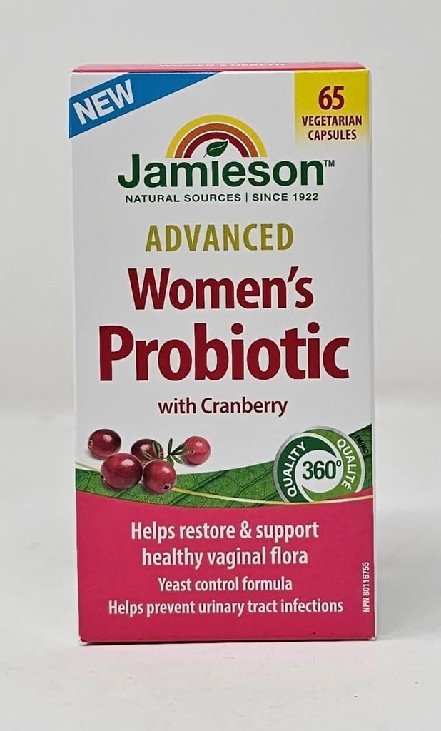 Jamieson Advanced Women's Probiotic with Cranberry, Help Support & Restore Healthy Vaginal Flora - 65 Vegetarian Capsules