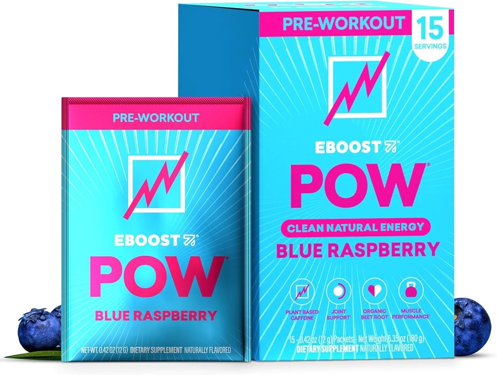 EBOOST POW 天然前置工作粉 - 15个包,蓝莓 - 前置能源助推器 Gym 补充 男女饮品 - 性能,联合流动支持 - 格鲁滕-无
