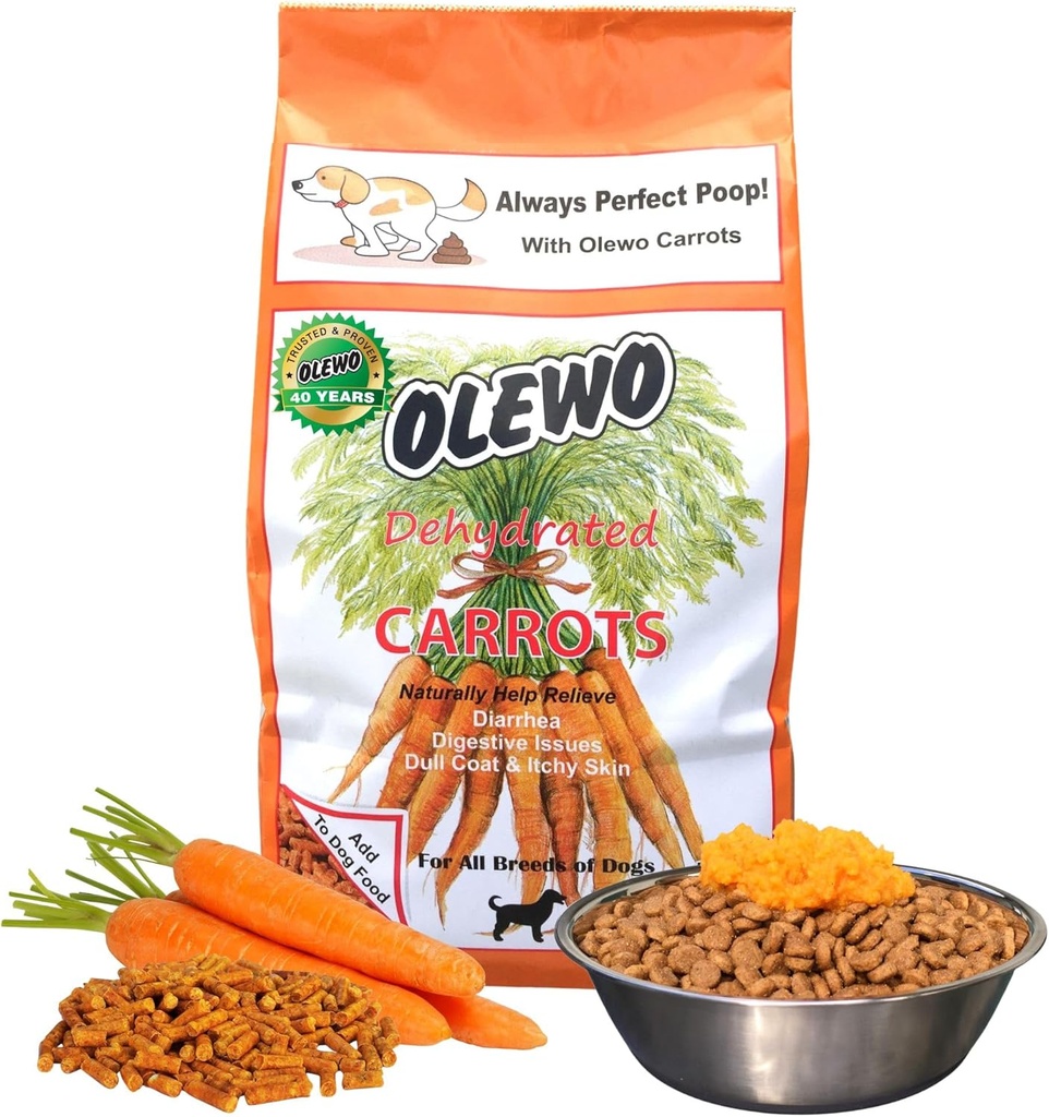 Cenouras originais Olewo para cães – Fibra para cocô perfeito, Toppers de alimentos desidratados para cães para comedores exigentes, Pele natural e suporte de casaco, Multivitamin, Probióticos para Digestive & Gut Saúde, 1 lb