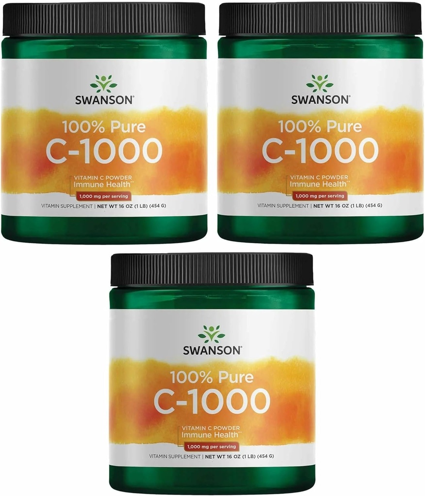 Swanson Vitamin C Powder 100% Čista askorbinska kislina, Imunski sistem Podpora, zdravje kože, kardiovaskularno zdravje, Antioksidant dodatek 1000 mg (na serviranje) 1 lb. 454 g (3 pakiranje)