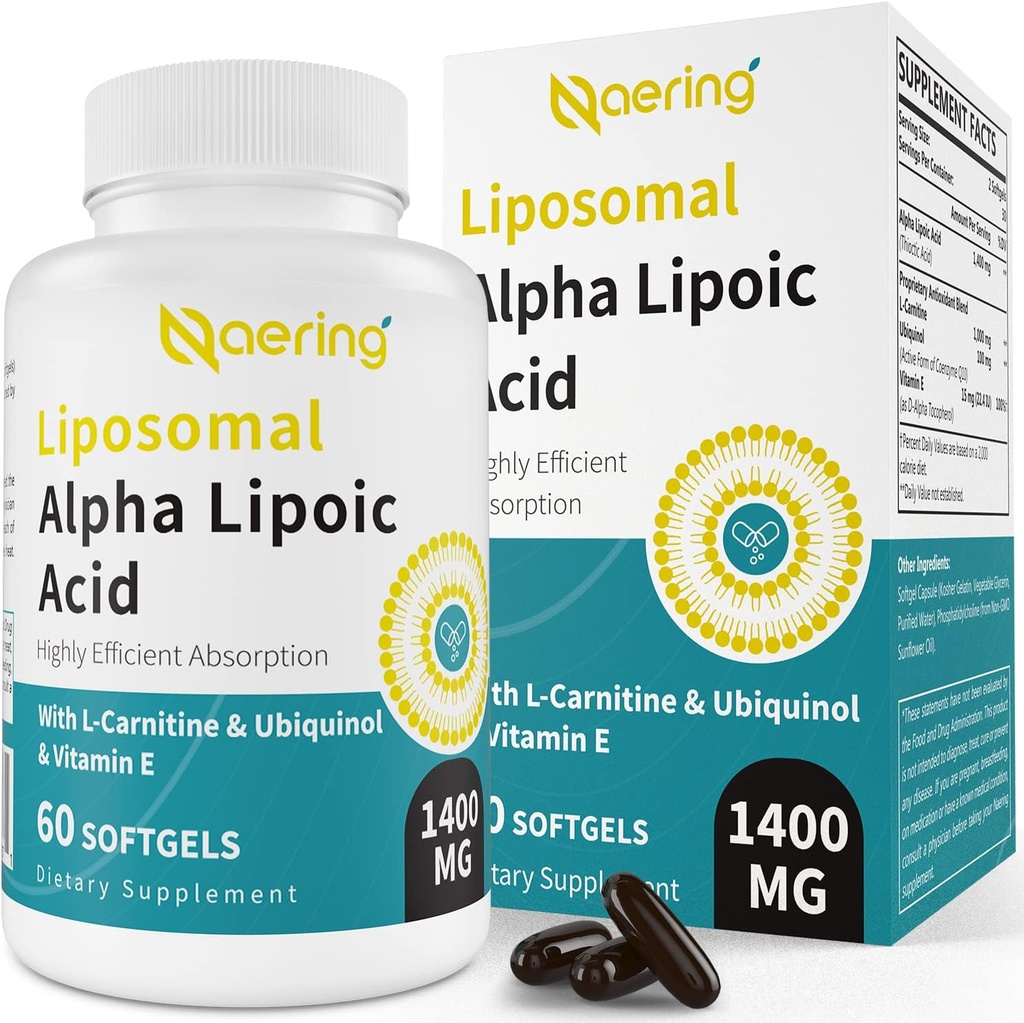 Liposomal Alpha Lipoic Acid 1400 mg Softgels, ALA Supplement med L-karnitin 1000mg, Ubiquinol (Active CoQ10) 100mg og vitamin E 10mg, Alpha-Lipoic Acid for antioksidanter, Nerve,Energy 60 Softgels