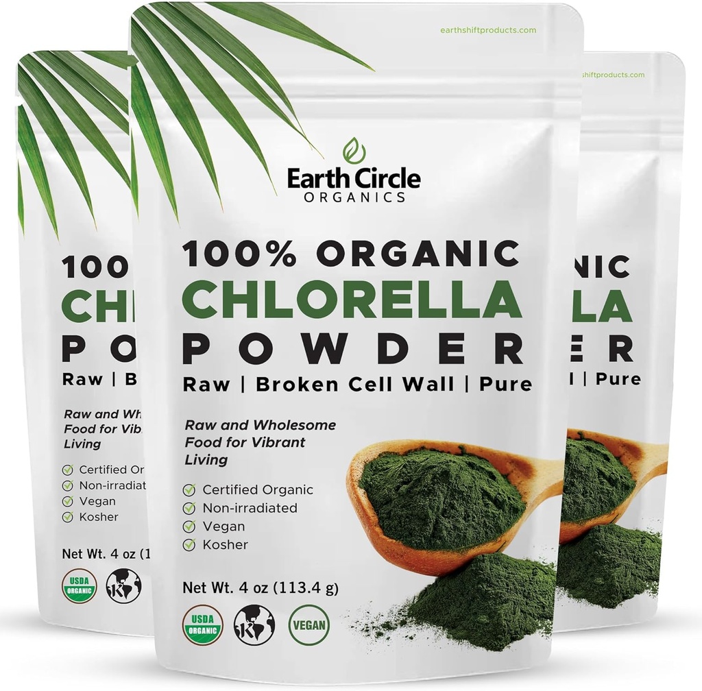 Earth Circle Organics Chloella Super Food (| Cosher) Call Chlorophyl, Super Green Algae, Blood Cholella, High in Protein, Fiber & Asmicars - 4oz (3 แพคเกจ)