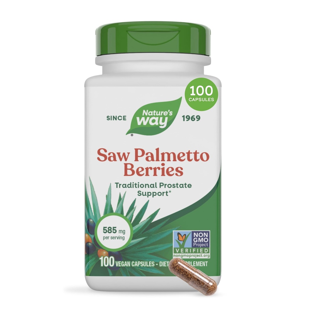 Nature's Way Saw Palmetto Berries, Traditional Prostate Support,* Herbal Supplement for Men, 585 mg per Serving, Non-GMO Project Verified, Vegan Capsules, 100 Count