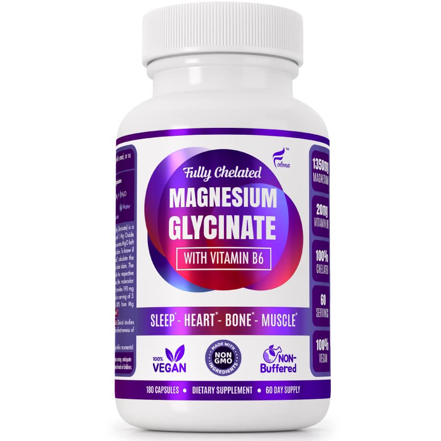Folona Magnesium Glycinate with Vitamin B6 Research Proven to Enhance Absorption, 1350mg Fully Chelated - Supports Sleep, Stress Relief, Energy, Muscle Cramps - Gluten Free, NonGMO, 180 Vegan Capsules